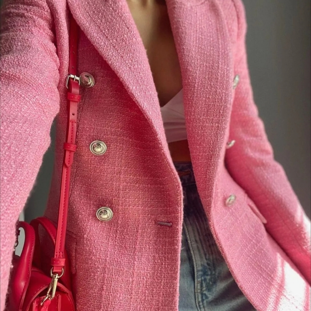 Zara Textured Tweed  Double Breasted  Blazer pink size S - Picture 11 of 17